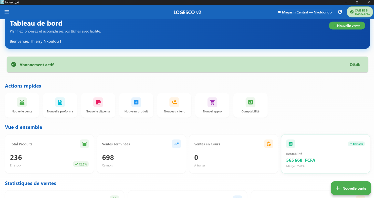 Tableau de bord LOGESCO v2 : caisse ouverte, produits en stock, ventes du mois et rentabilité en FCFA